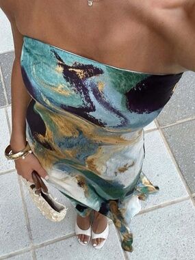12th Tribe Natalia Blue and Gold Watercolor Strapless Maxi Dress Size XSXS